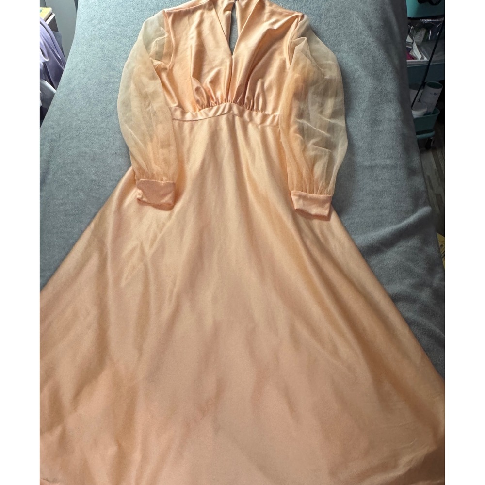 Vintage 70s Peach Empire Waist Maxi Dress Sheer Long Sleeve Formal Gown V-Neck